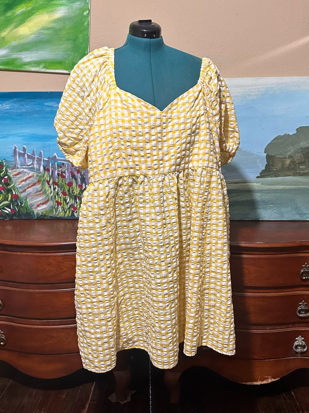 Old Navy 3X Yellow White Textured Puff-Sleeve Babydoll Dress